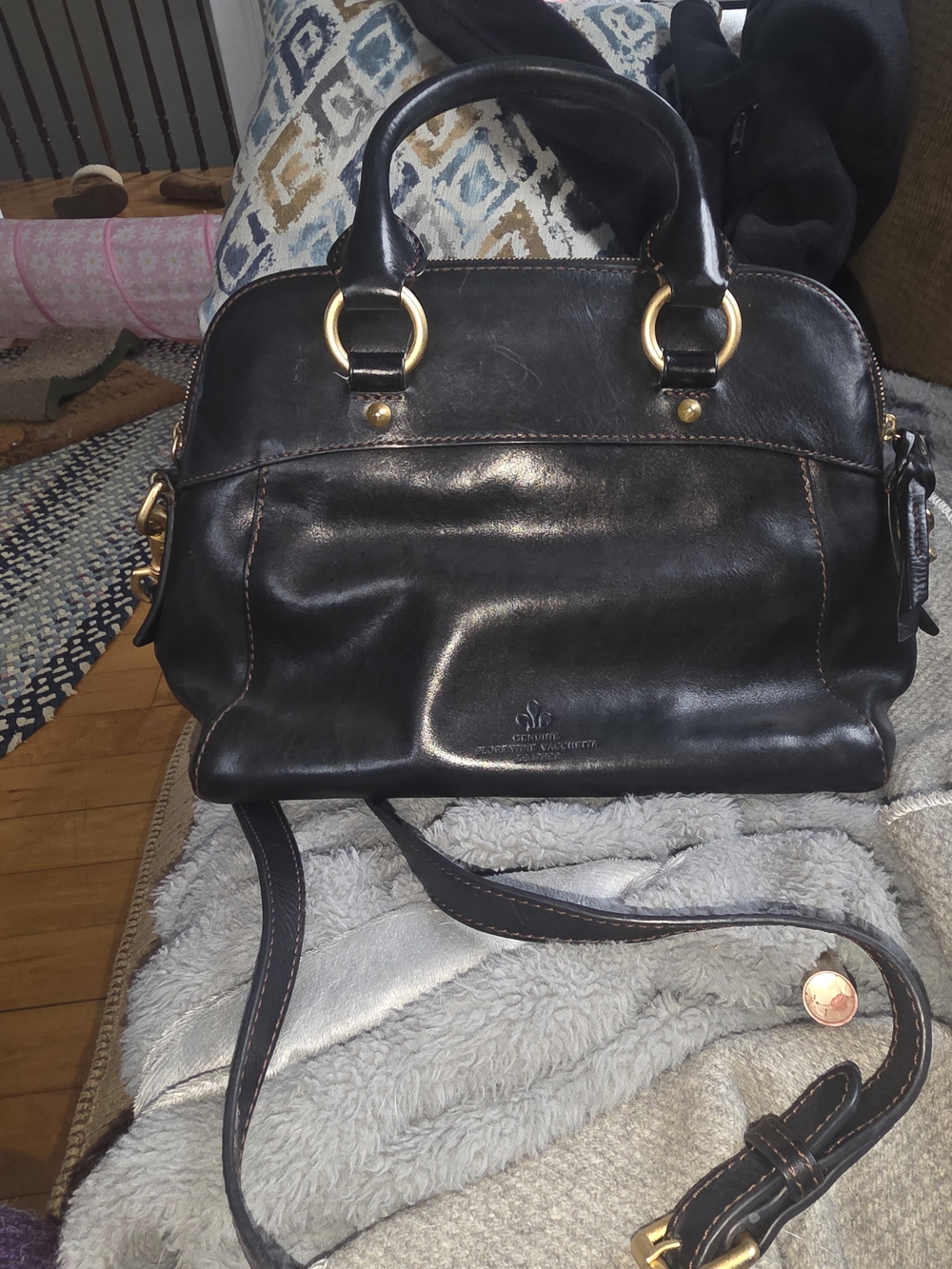 Dooney & Bourke Black Leather Dome Satchel with Gold Hardware